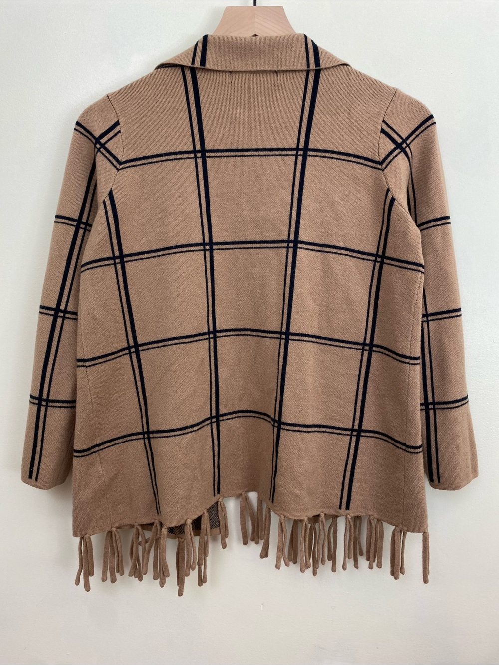 Adrienne Vittadini Tan Plaid Fringe Open Front Cardigan Sweater Blazer M - Picture 5 of 6